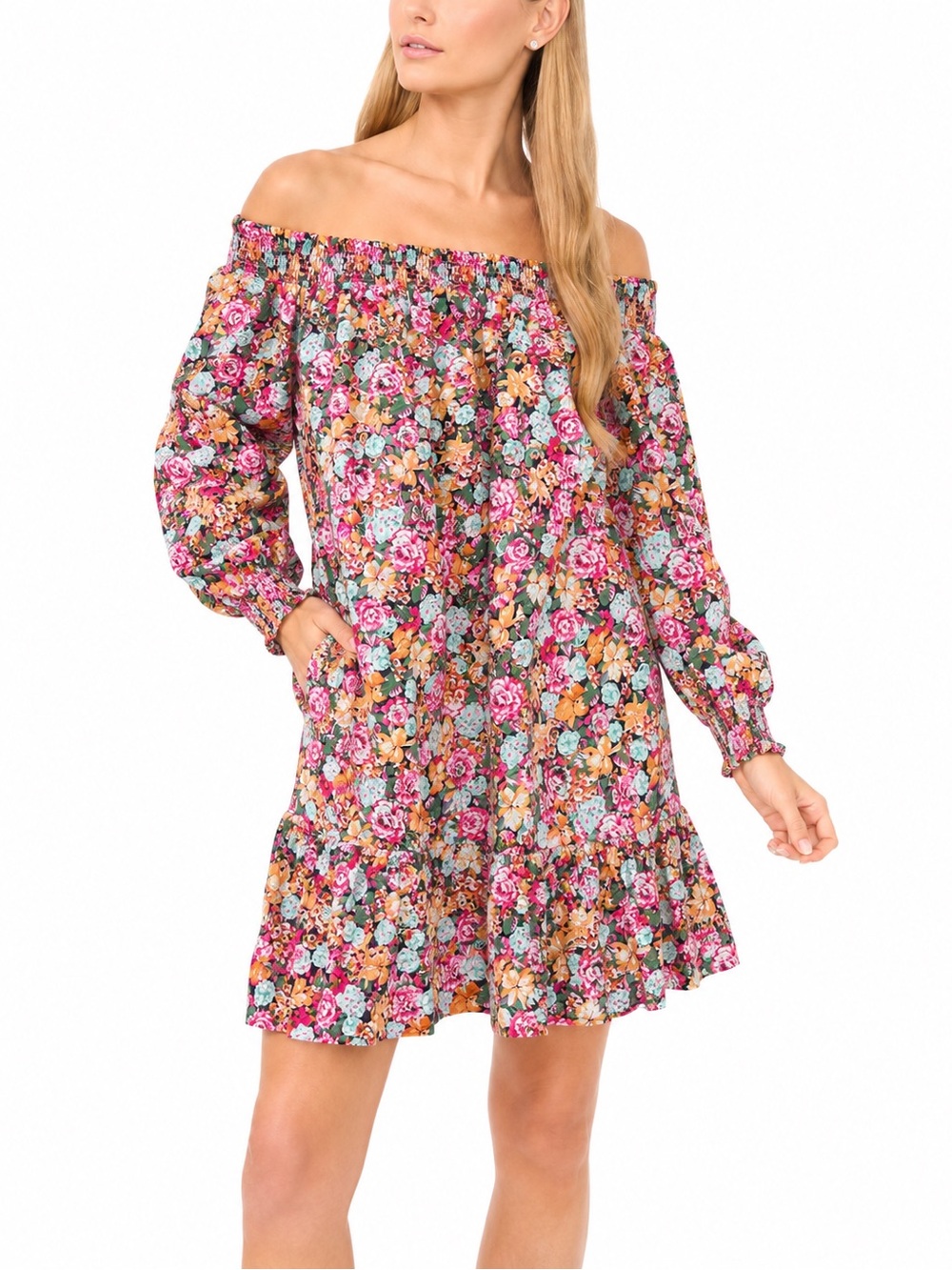Maeve by Anthropologie Floral Off Shoulder Smocked Mini Dress 1X Boho Pockets XL